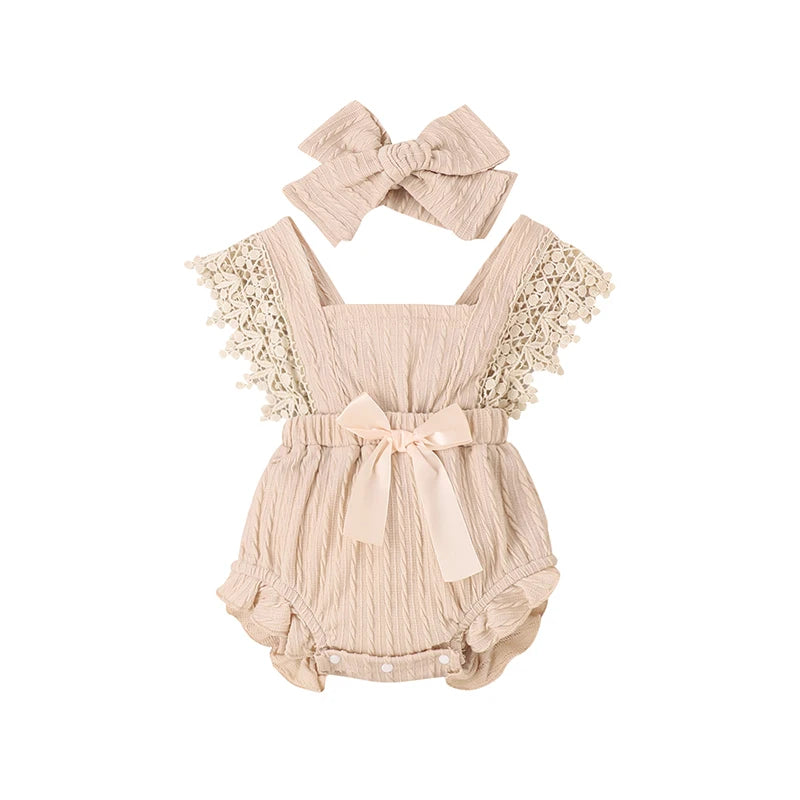 Conjunto Bebê Menina - Body Rendado com Laço e Faixa de Cabelo