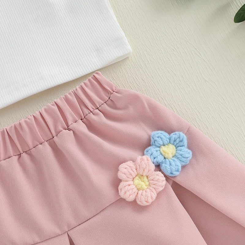 Conjunto Infantil Menina - Blusa Manga Bufante e Saia A-Line com Flores Crochê