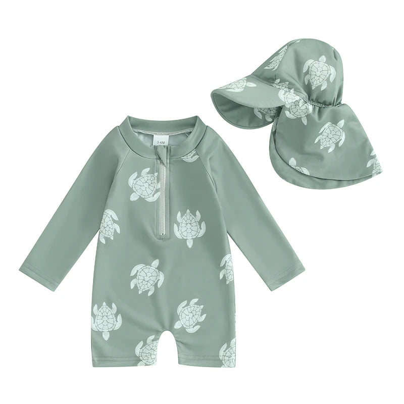 Maiô Infantil Estampado com Touca - Tartaruga/Dinossauro