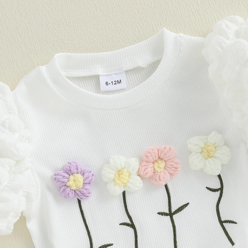 Conjunto Infantil Menina - Blusa Manga Bufante e Saia A-Line com Flores Crochê