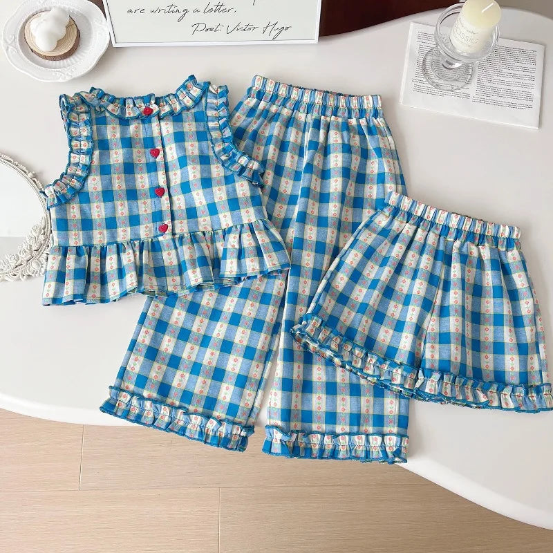 Conjunto Infantil Feminino Verão 3 Peças Xadrez