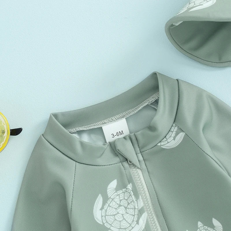 Maiô Infantil Estampado com Touca - Tartaruga/Dinossauro