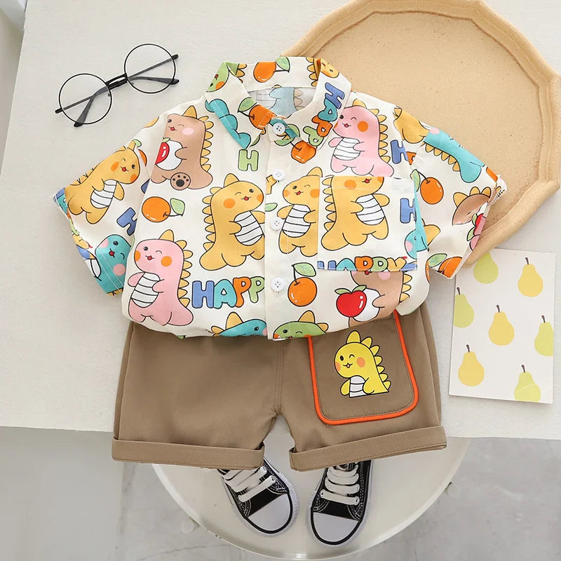 Conjunto Infantil Verão - Camisa Estampada Bebês Dinossauros e Shorts Casuais (2 Peças)