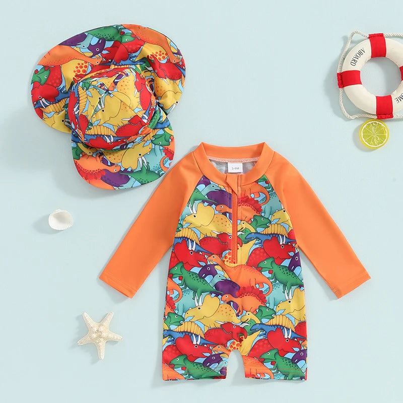 Maiô Infantil Estampado com Touca - Tartaruga/Dinossauro
