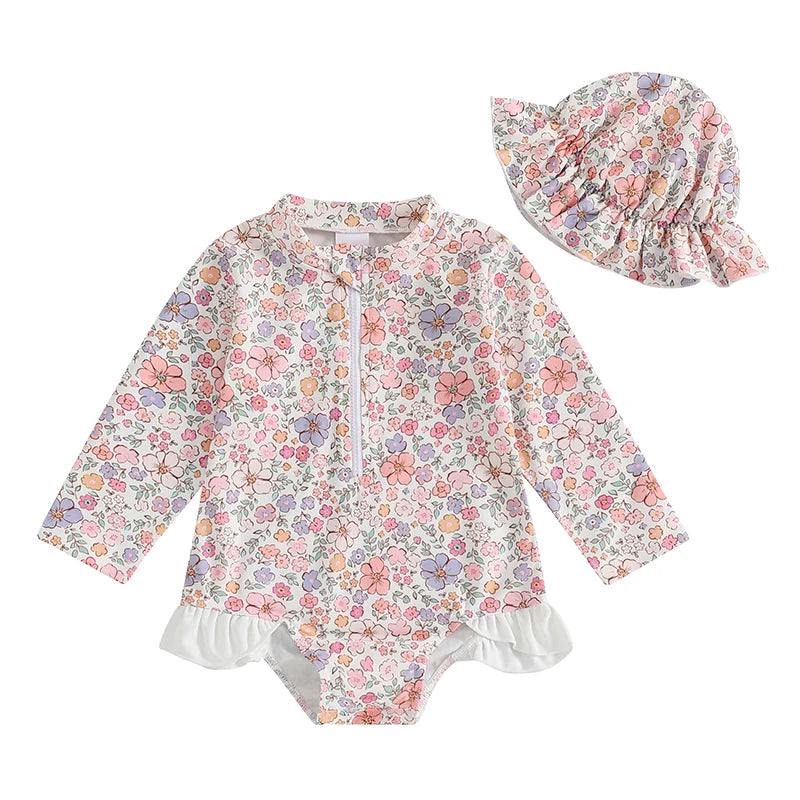 Maiô Infantil Feminino Floral com Proteção UV e Babados
