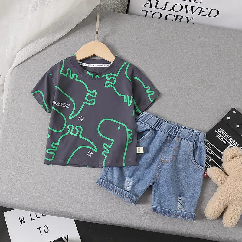 Conjunto Infantil Verão - Camiseta e Shorts Estampa Dinossauro (2 Peças)