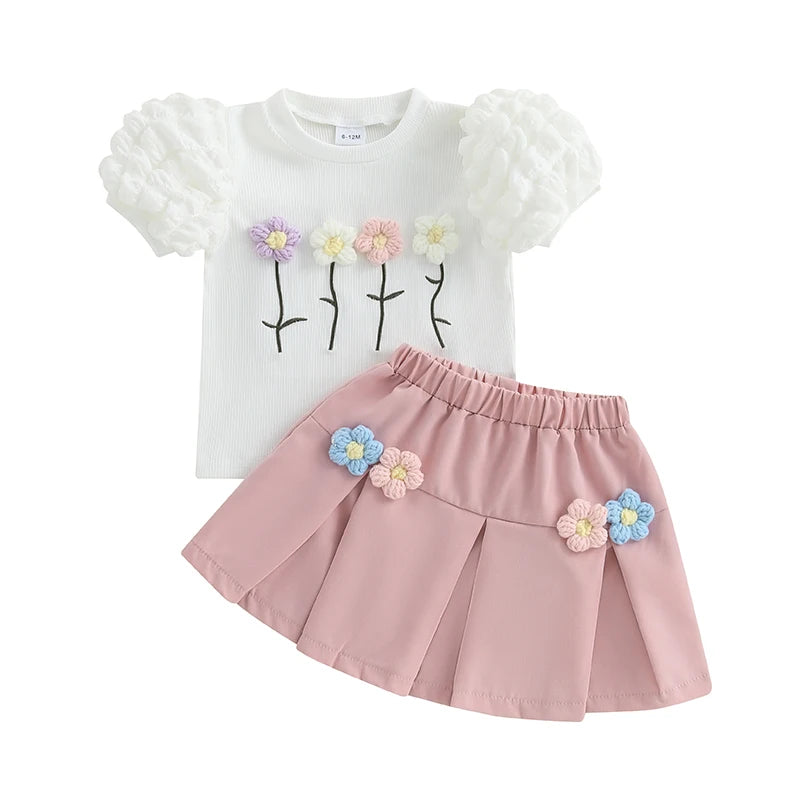 Conjunto Infantil Menina - Blusa Manga Bufante e Saia A-Line com Flores Crochê