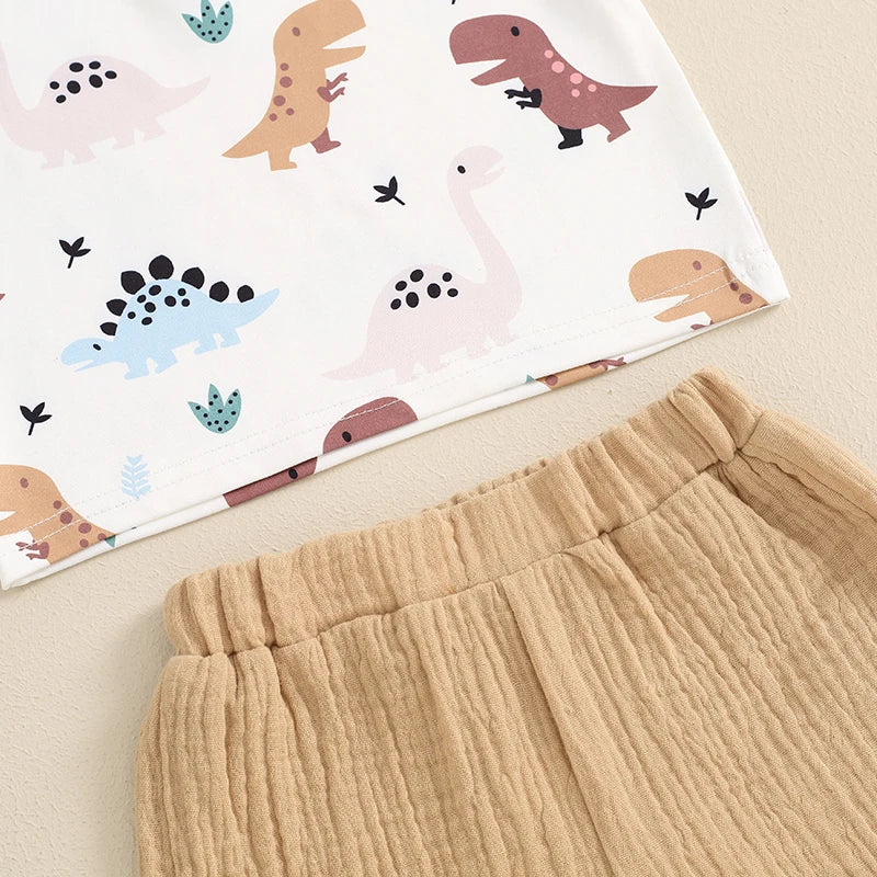 Conjunto Bebê Menino - Camiseta com Gola Padre e Estampa de Dinossauro com Shorts