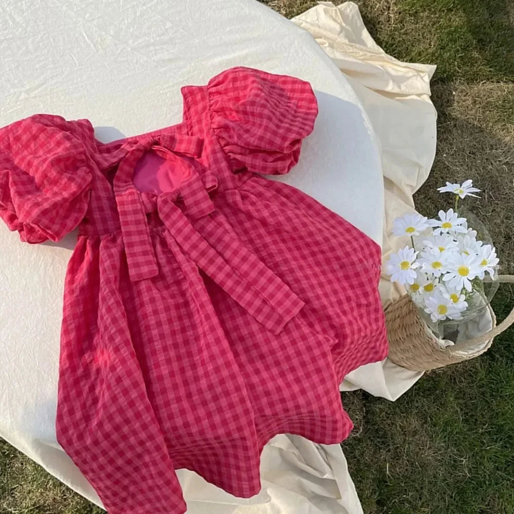 Vestido Princesa Xadrez Rosa Lolita Infantil