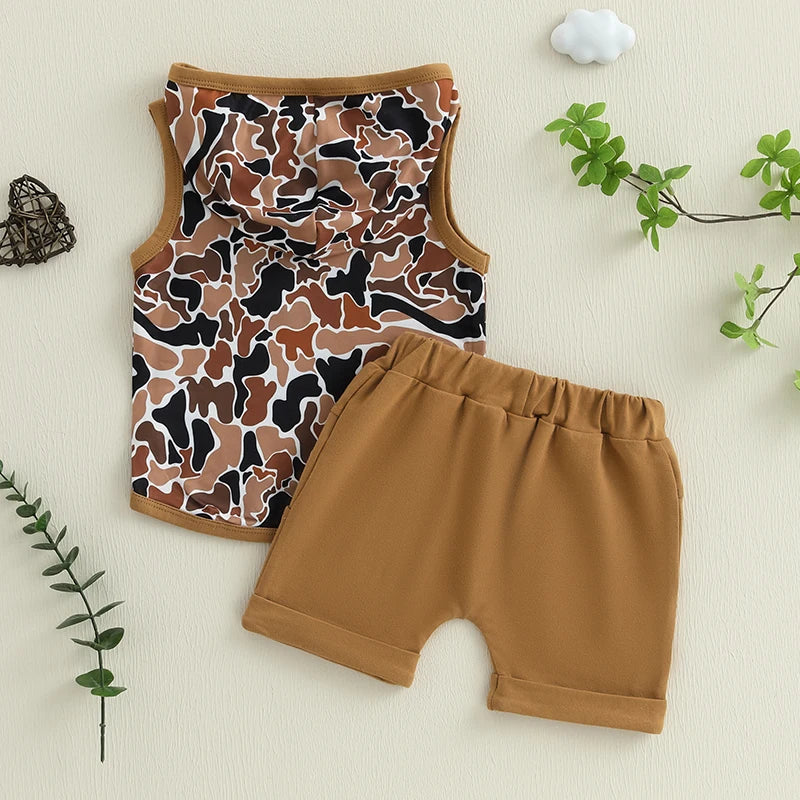 Conjunto Infantil Menino - Regata Camuflada com Capuz e Shorts com Cós Elástico