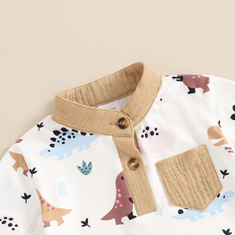 Conjunto Bebê Menino - Camiseta com Gola Padre e Estampa de Dinossauro com Shorts