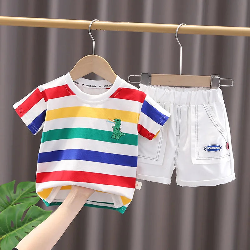 Conjunto Infantil Listrado com Mochilinha de Dinossauro