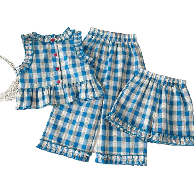 Conjunto Infantil Feminino Verão 3 Peças Xadrez