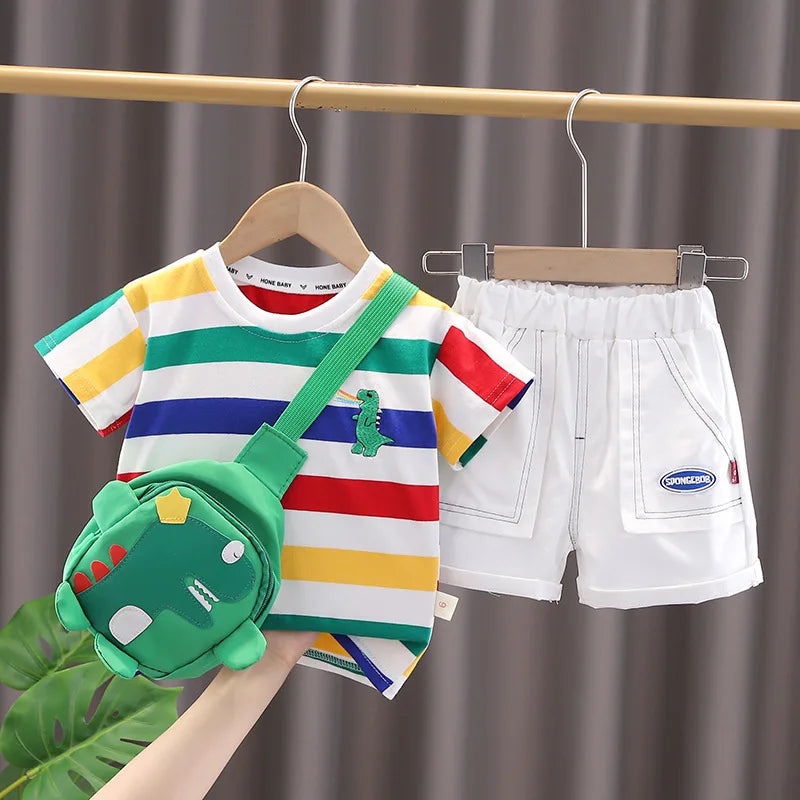 Conjunto Infantil Listrado com Mochilinha de Dinossauro