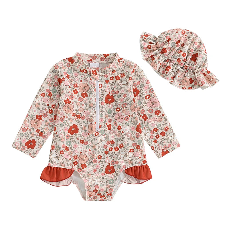 Maiô Infantil Feminino Floral com Proteção UV e Babados