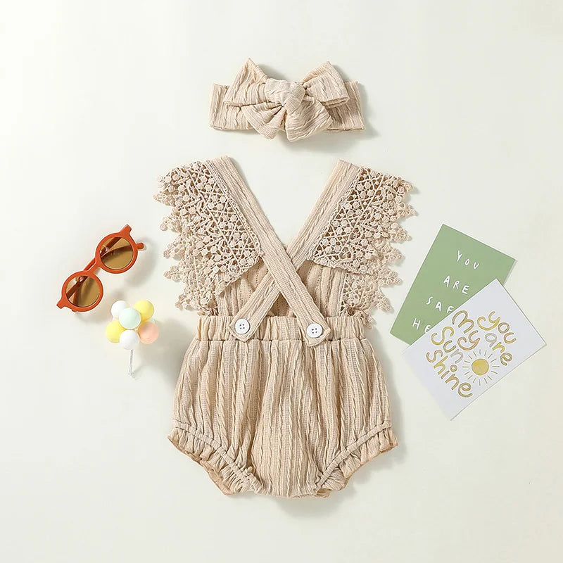 Conjunto Bebê Menina - Body Rendado com Laço e Faixa de Cabelo