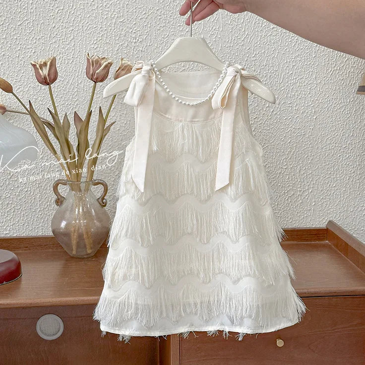 Vestido Infantil Princesa com Franjas Branco Casual