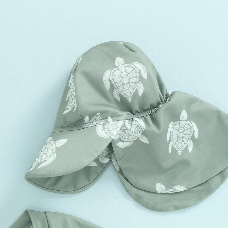 Maiô Infantil Estampado com Touca - Tartaruga/Dinossauro