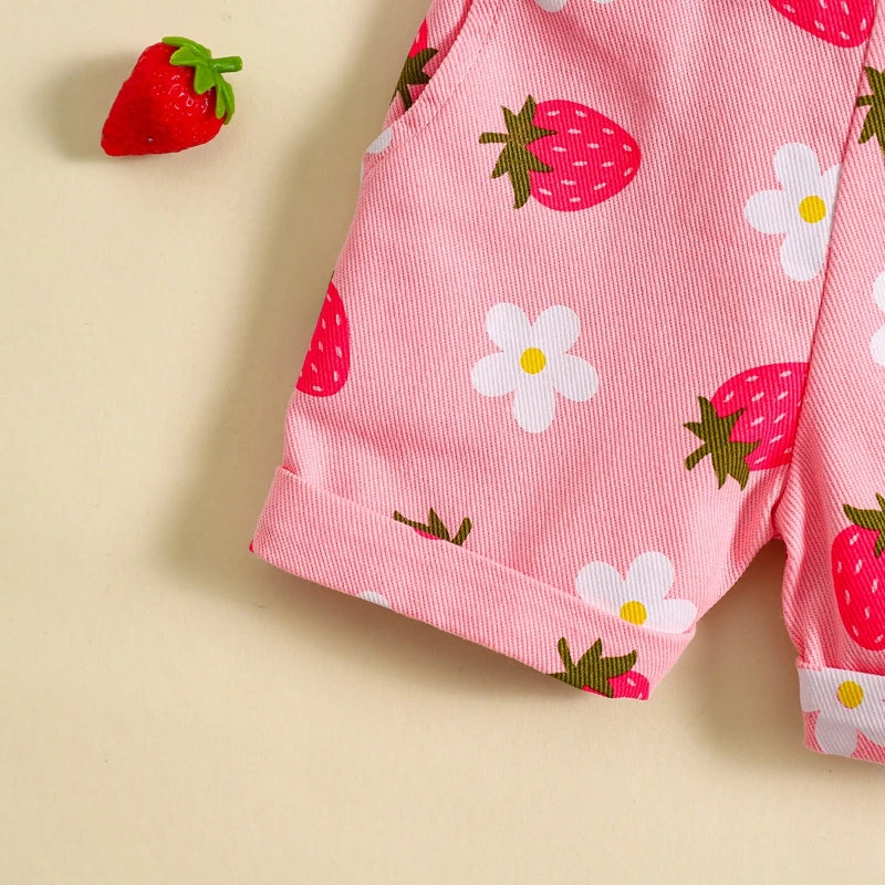 Jardineira Infantil Menina - Jeans com Estampa de Flores e Morangos