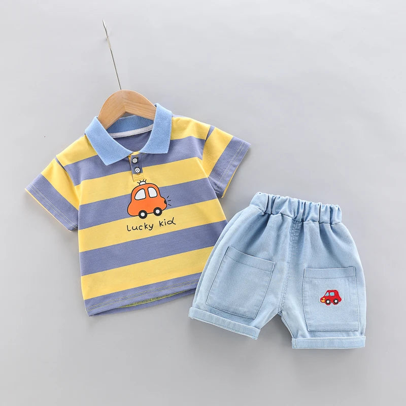 Conjunto Infantil - Polo Carrinho e Shorts Jeans - 2 Peças