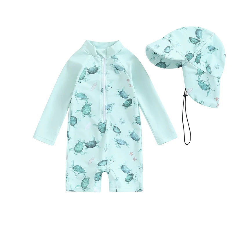 Maiô Infantil Estampado com Touca - Tartaruga/Dinossauro