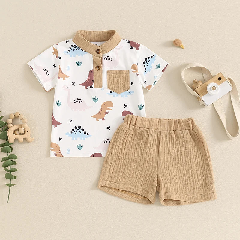 Conjunto Bebê Menino - Camiseta com Gola Padre e Estampa de Dinossauro com Shorts