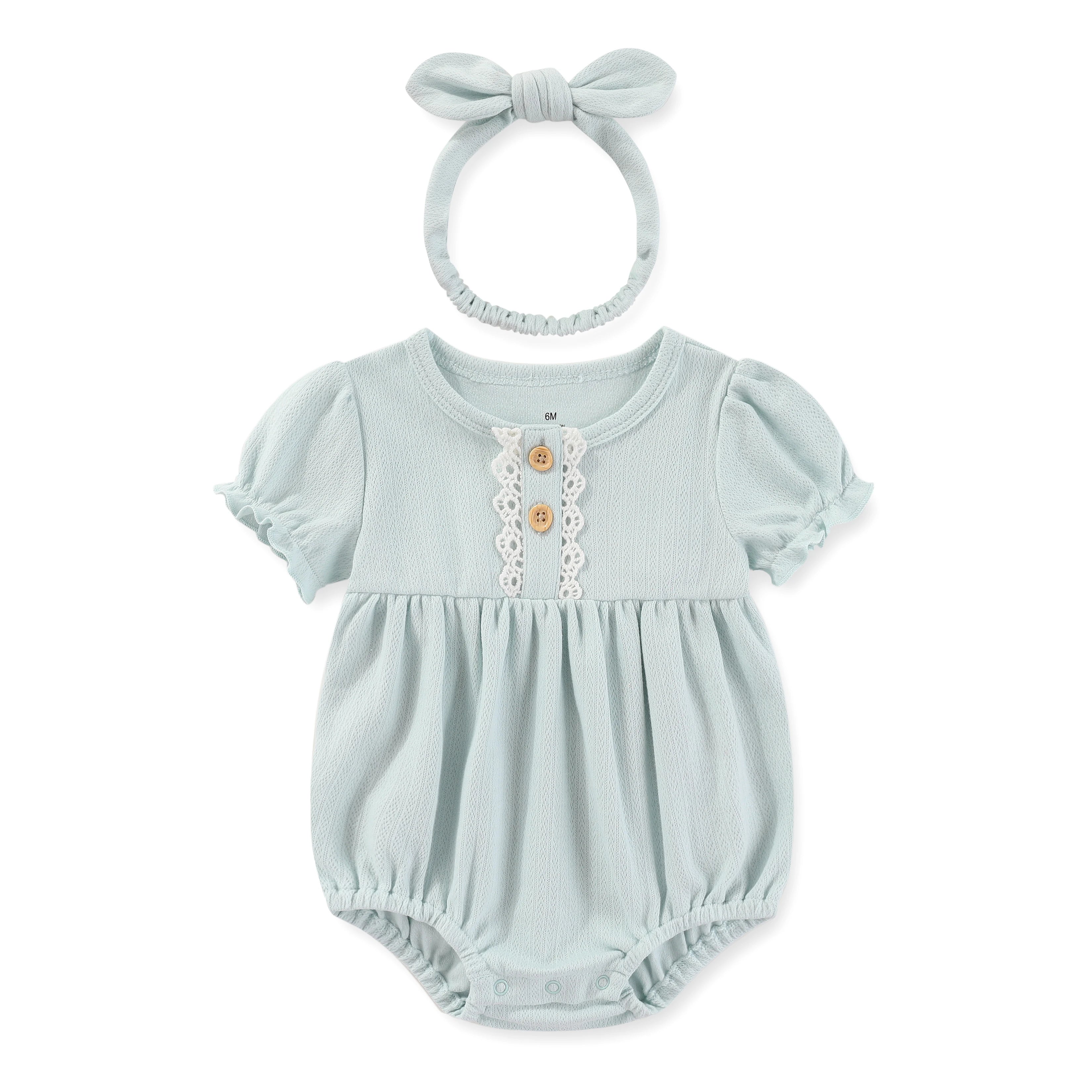 Bodysuit Algodão Manga Curta com Headband para Bebê Menina