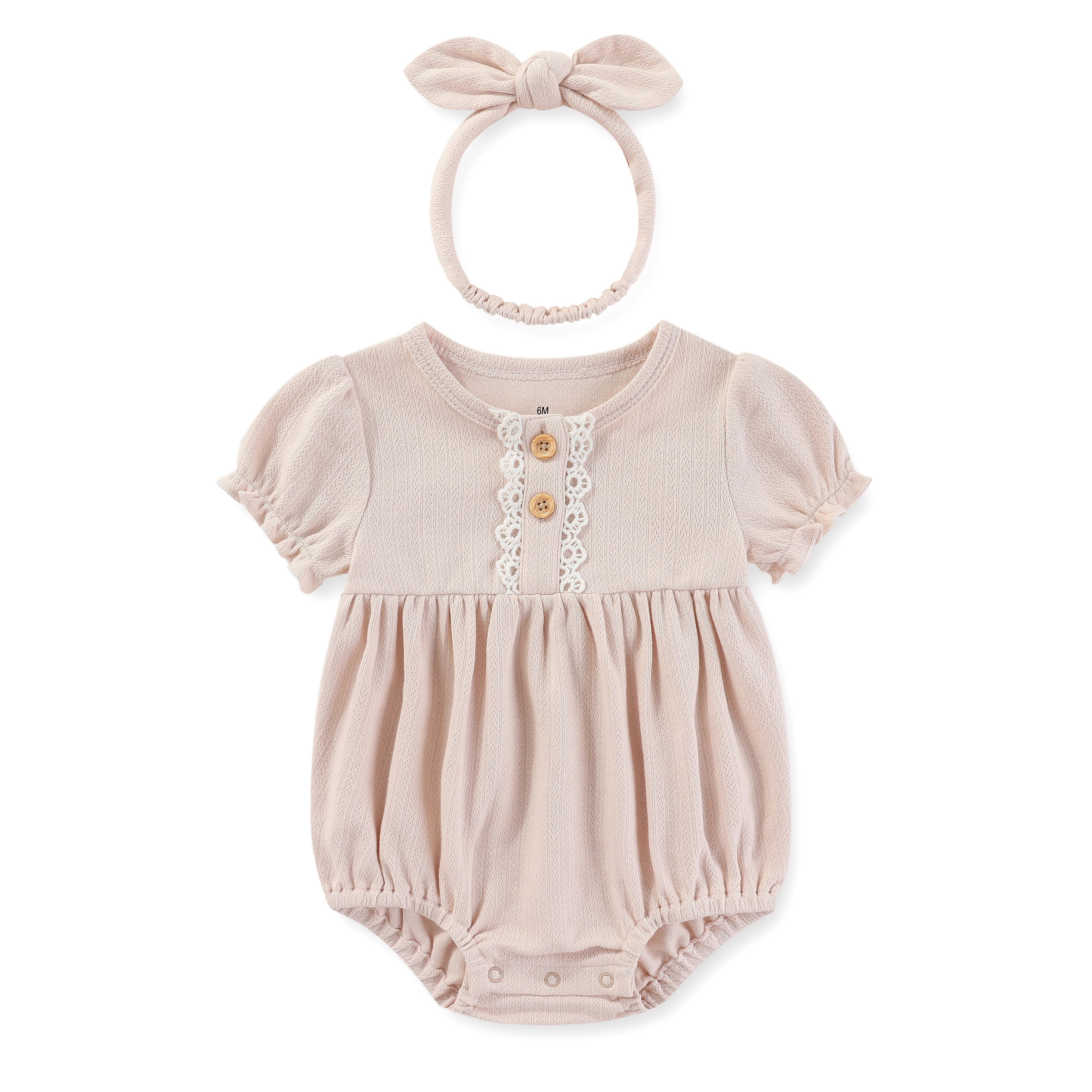 Bodysuit Algodão Manga Curta com Headband para Bebê Menina