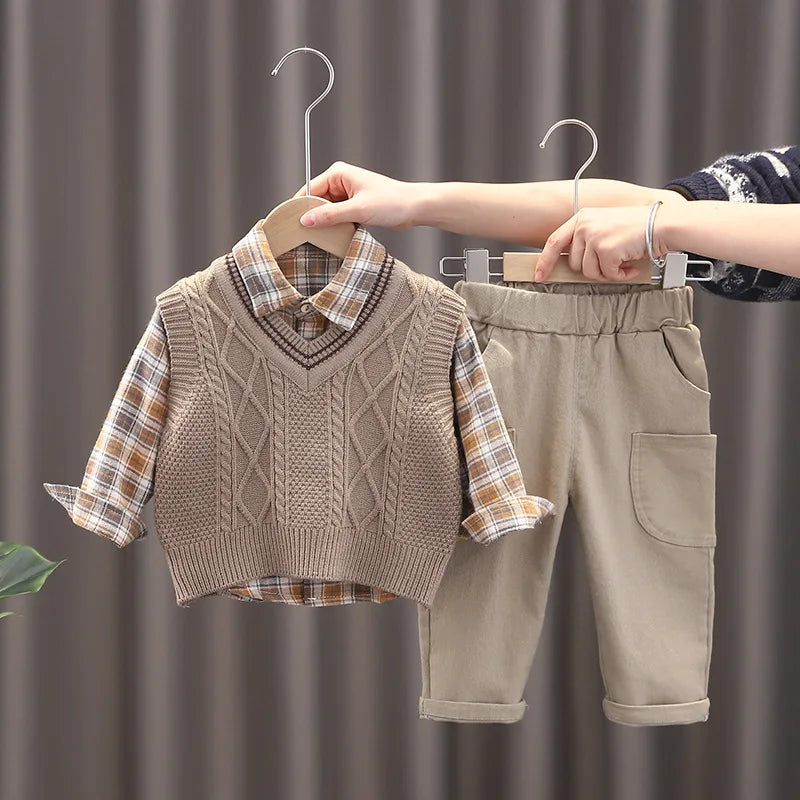 Conjunto Infantil Masculino 3 Peças - Camisa Xadrez + Colete + Calça para Primavera e Outono