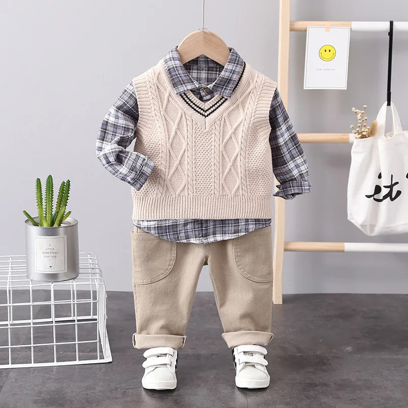 Conjunto Infantil Masculino 3 Peças - Camisa Xadrez + Colete + Calça para Primavera e Outono