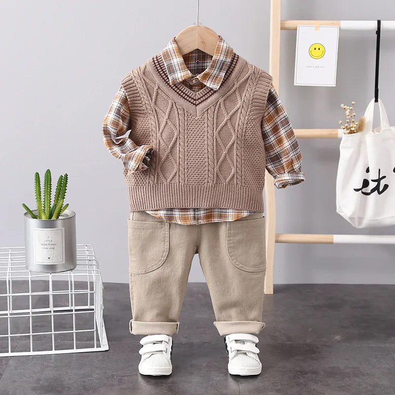 Conjunto Infantil Masculino 3 Peças - Camisa Xadrez + Colete + Calça para Primavera e Outono