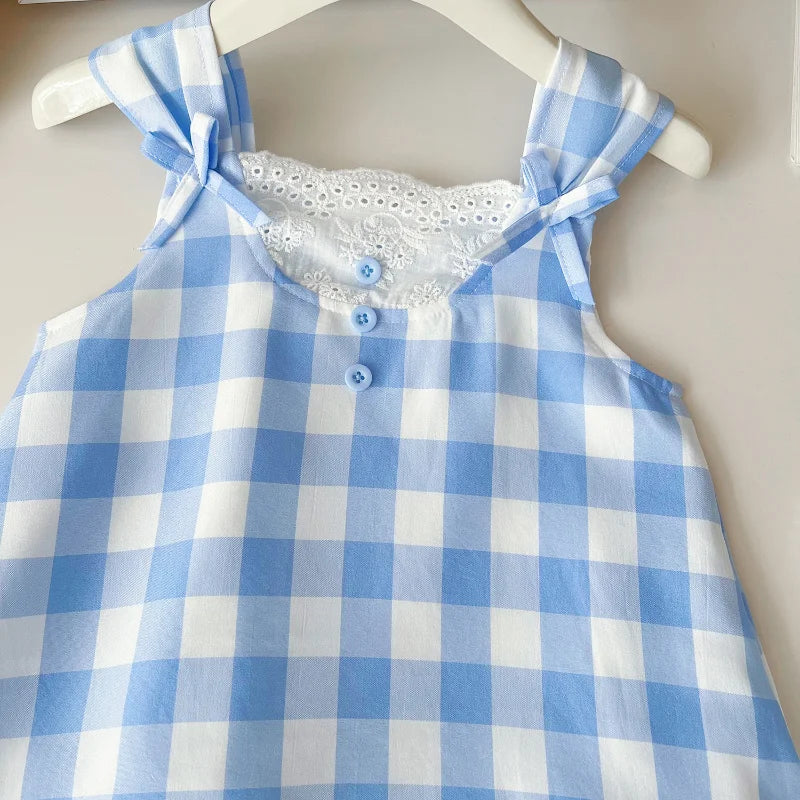 Vestido Infantil Xadrez Sem Mangas com Chapéu