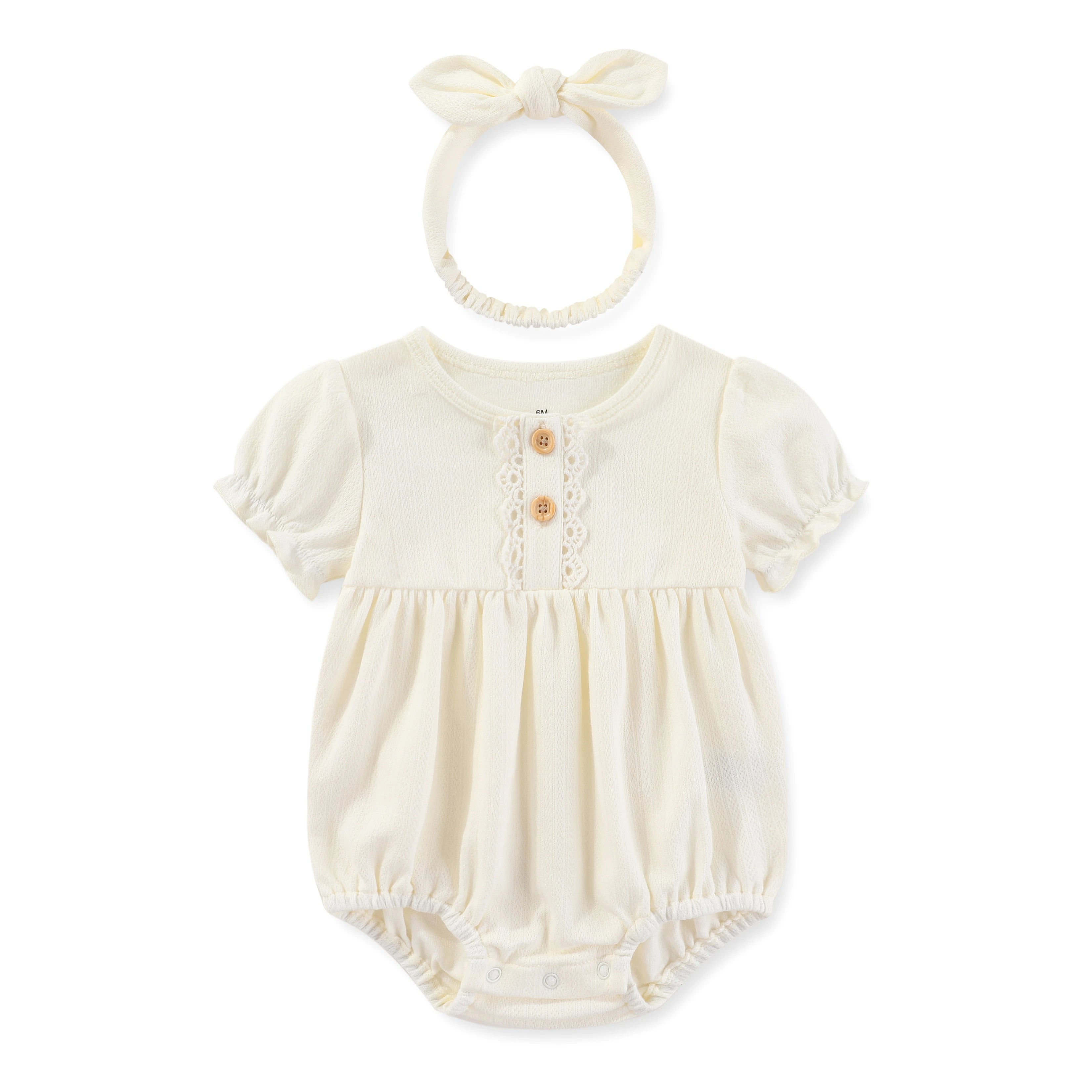 Bodysuit Algodão Manga Curta com Headband para Bebê Menina