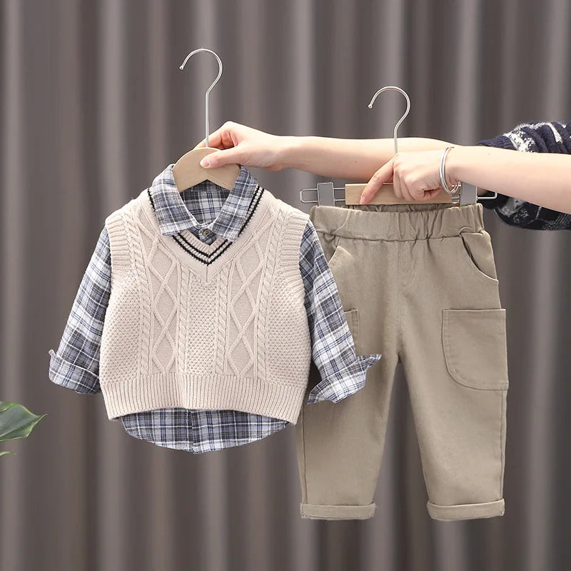 Conjunto Infantil Masculino 3 Peças - Camisa Xadrez + Colete + Calça para Primavera e Outono