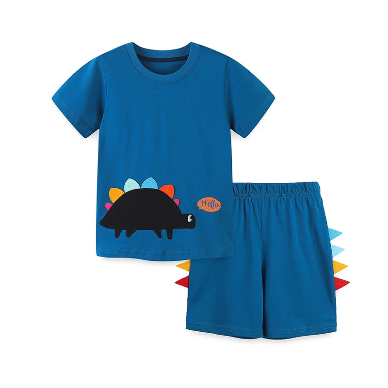 Conjunto de calções de verão para meninos, estilo casual, parte superior de dinossauro dos desenhos animados, conjunto de bigode tridimensional, dois a sete anos