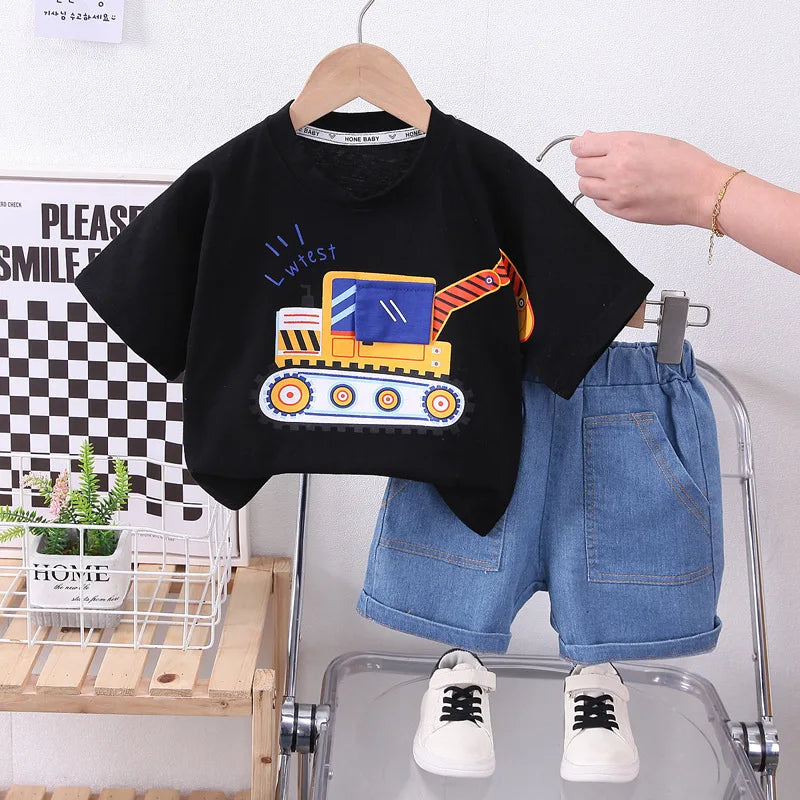 Nova moda verão crianças bebê meninos roupas 2 pçs/set escavadeira dos desenhos animados algodão manga curta topos shorts crianças roupas casuais