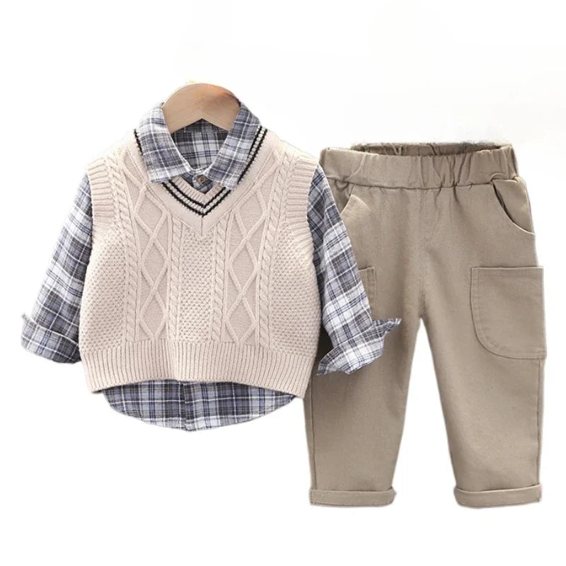 Conjunto Infantil Masculino 3 Peças - Camisa Xadrez + Colete + Calça para Primavera e Outono