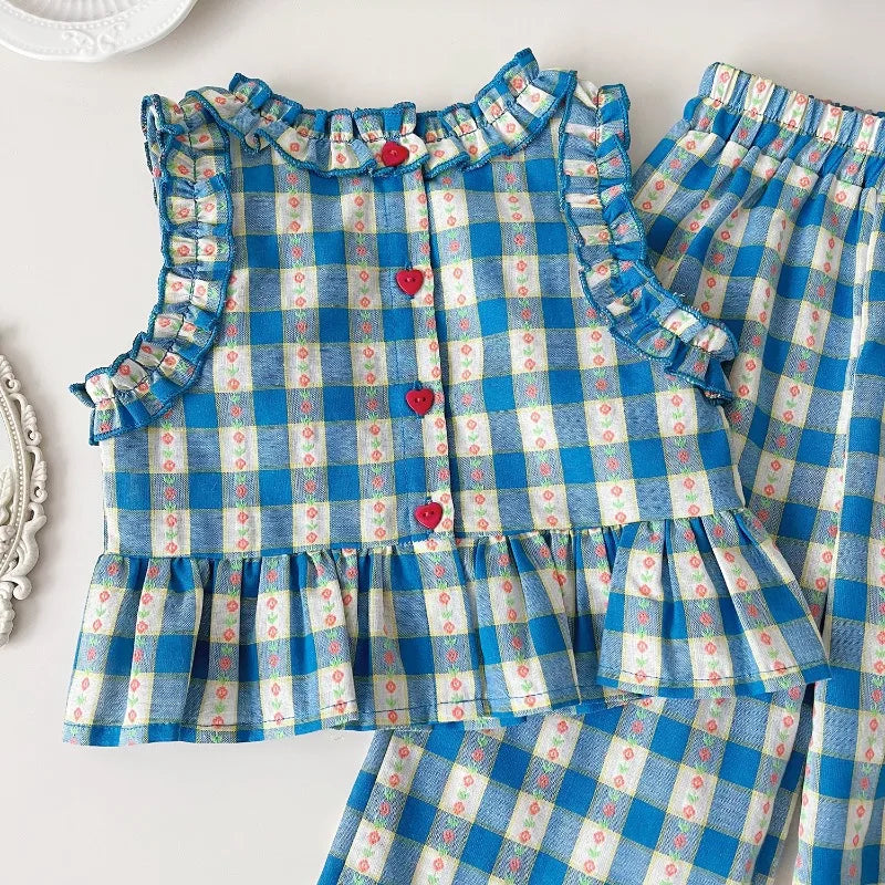 Conjunto Infantil Feminino Verão 3 Peças Xadrez