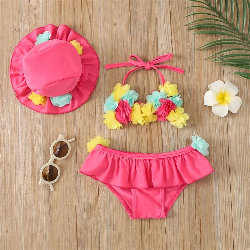 Conjunto de Maiô Floral 3 Peças para Meninas