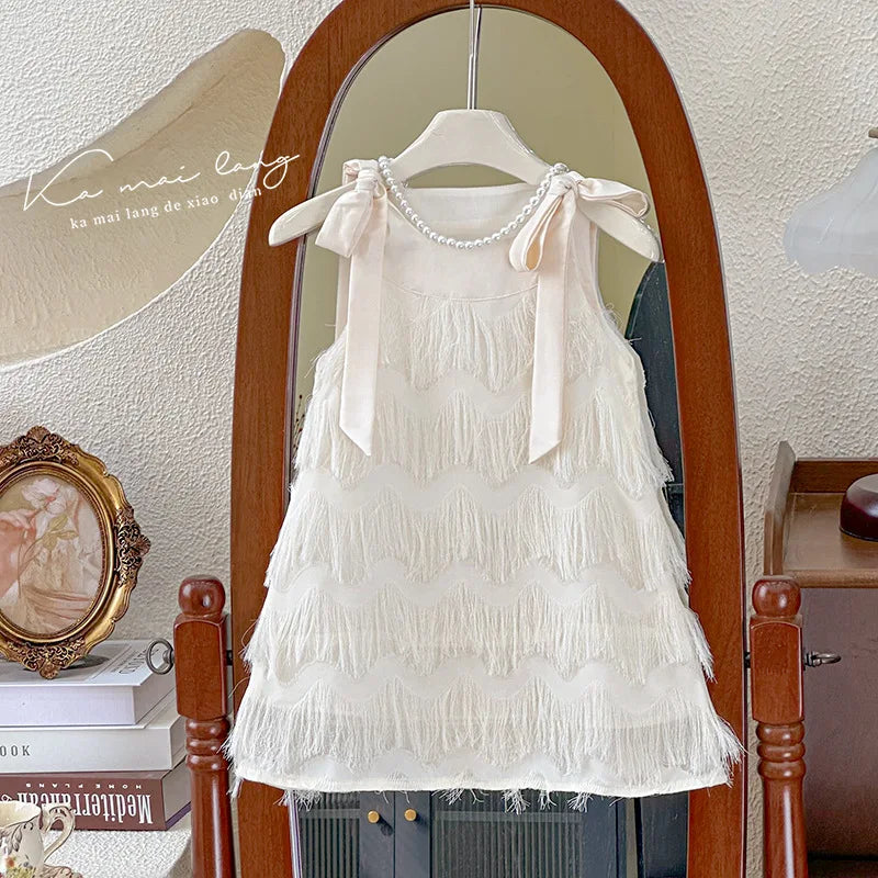 Vestido Infantil Princesa com Franjas - Branco Casual