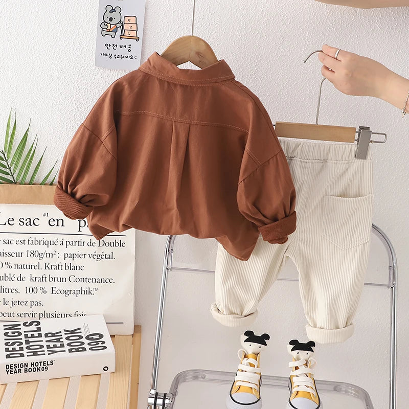 Conjunto Infantil Masculino - Blusa Lisa Manga Longa e Calça de Veludo Cotelê