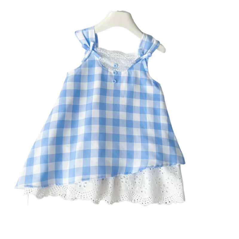 Vestido Infantil Xadrez Sem Mangas com Chapéu